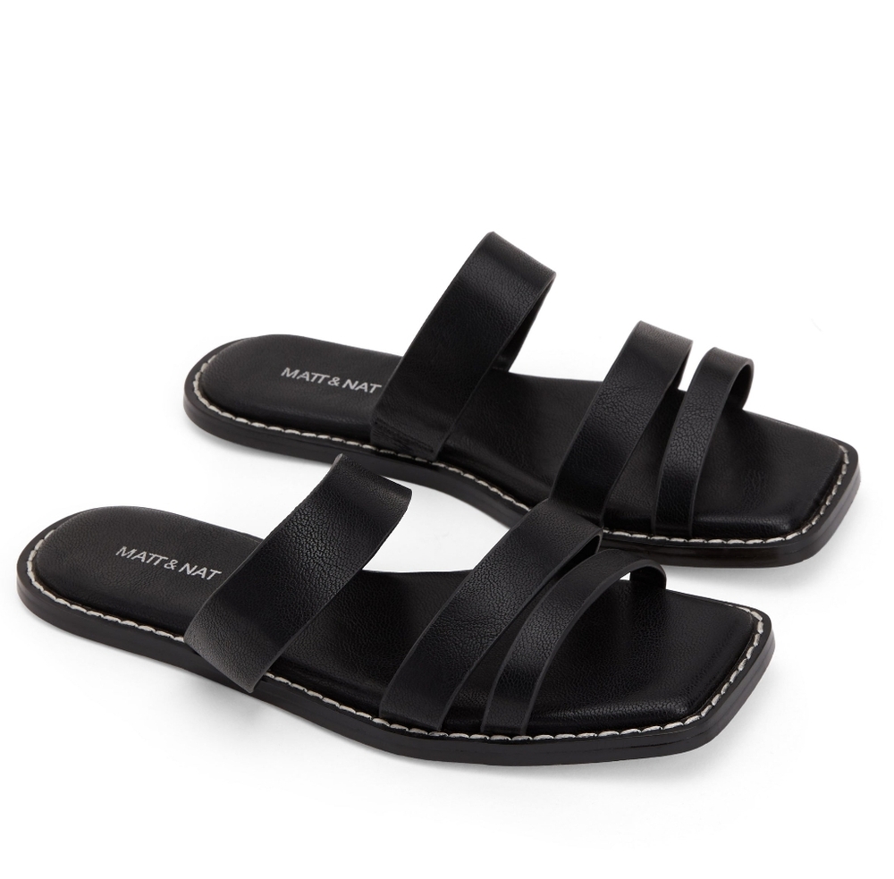 Matt & Nat Black Triple-Strap Leather Slide Sandals